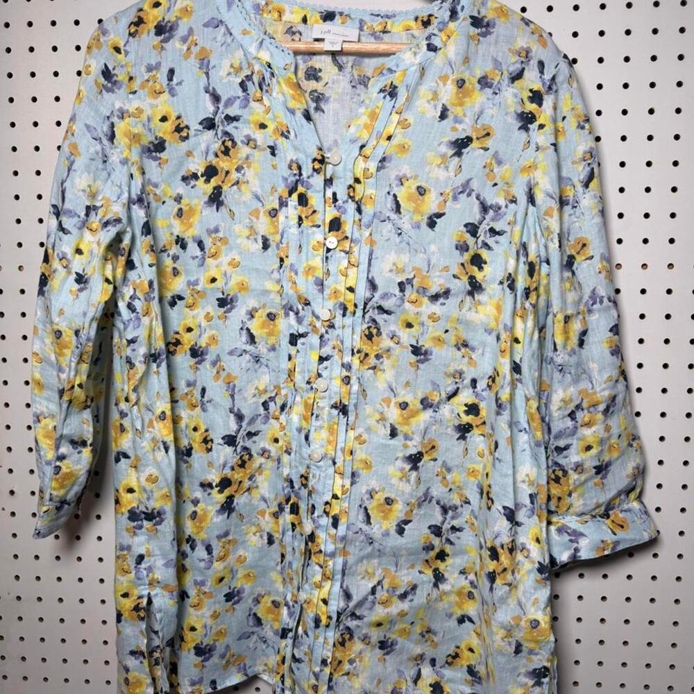 J Jill yellow & blue floral 100% linen blouse button-up front ruffle trim Small